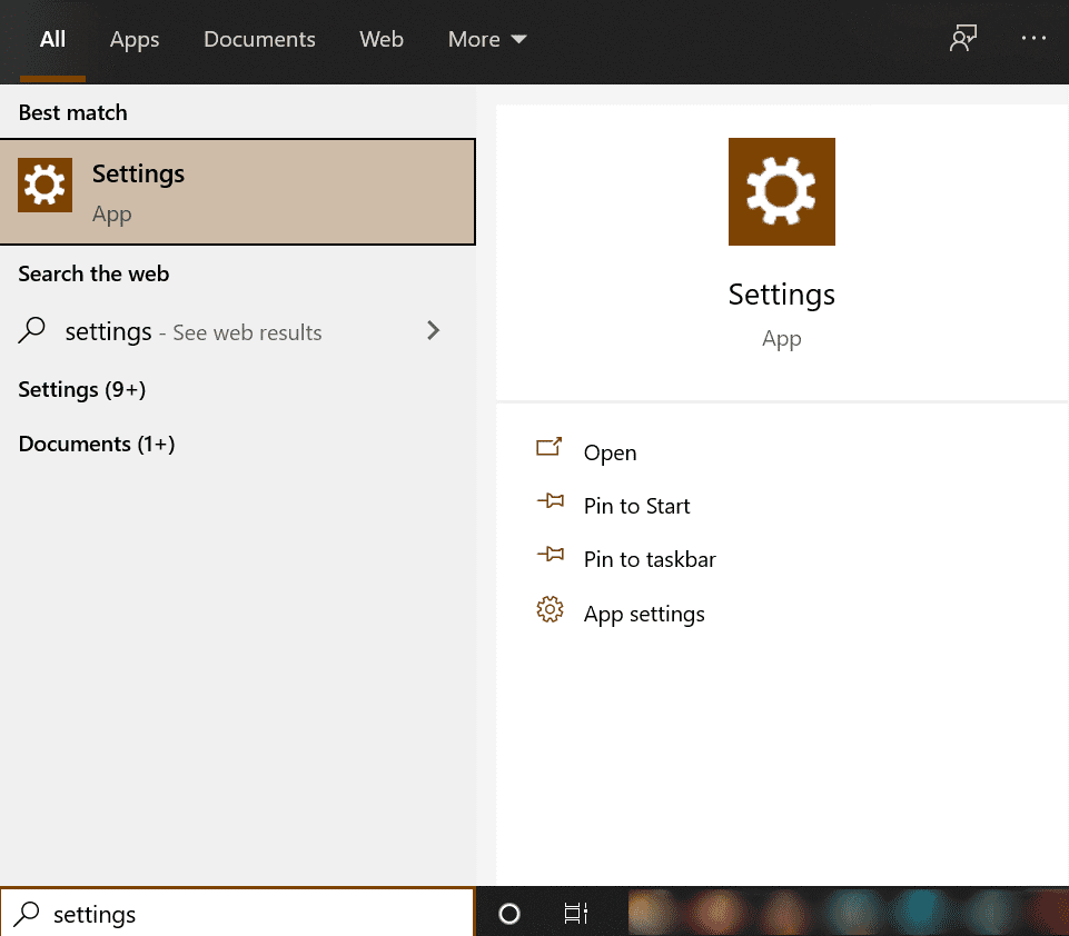 Go to the Start menu and select the Settings icon or type Settings in the search bar.