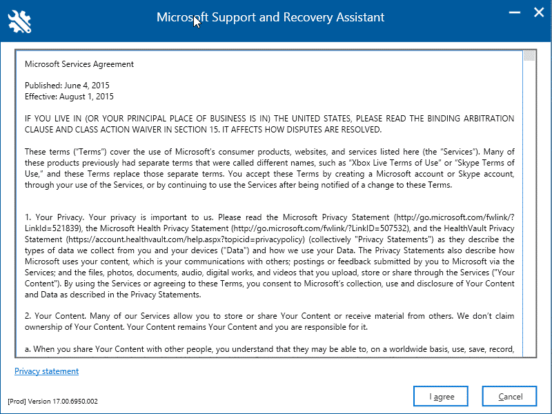 Microsoft Support and Recovery Assistant will open. Click I agree.
