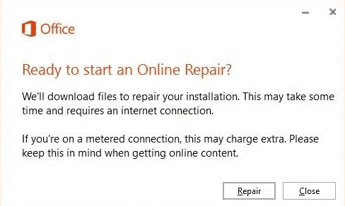 Read the message carefully and click on the Repair button again.