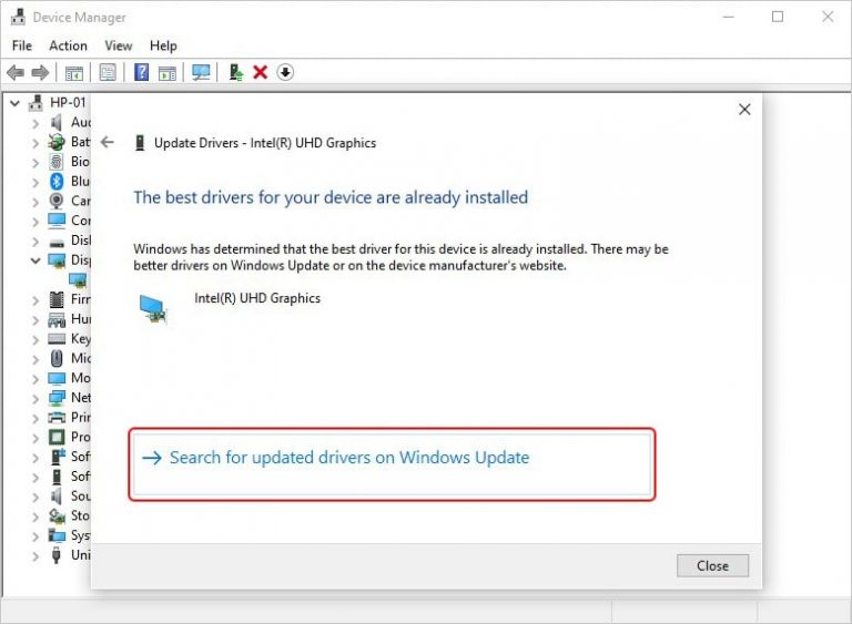 Buscar controlador actualizado en Windows Update