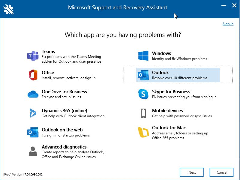 Select Outlook from the options and click Next.