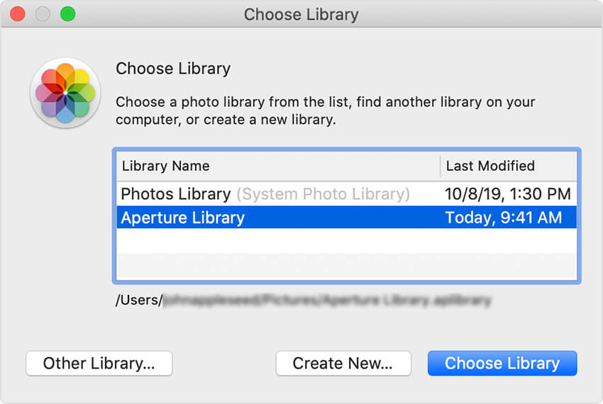 Mac photos app choose Aperture library