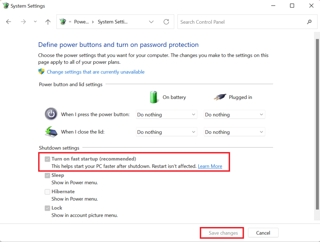 System settings under power options