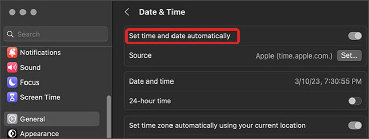 Select Set a date and time automatically