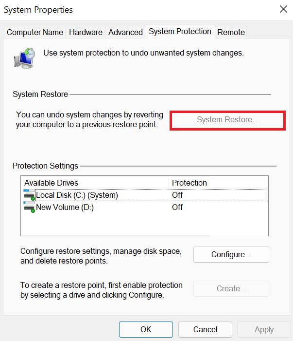 System Restore under System protection tab