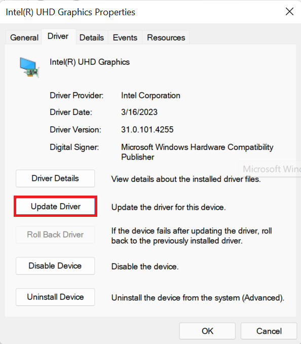 Update Driver on Driver tab