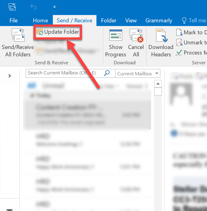 Restart Outlook and Update Folder 