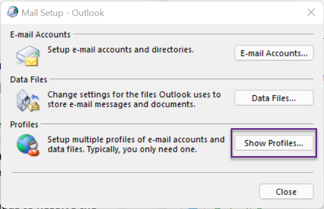 Mail Setup window in outlook