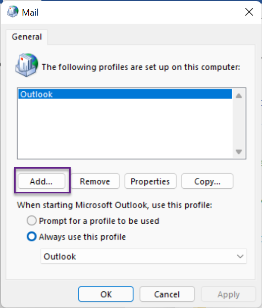 create a new Outlook profile