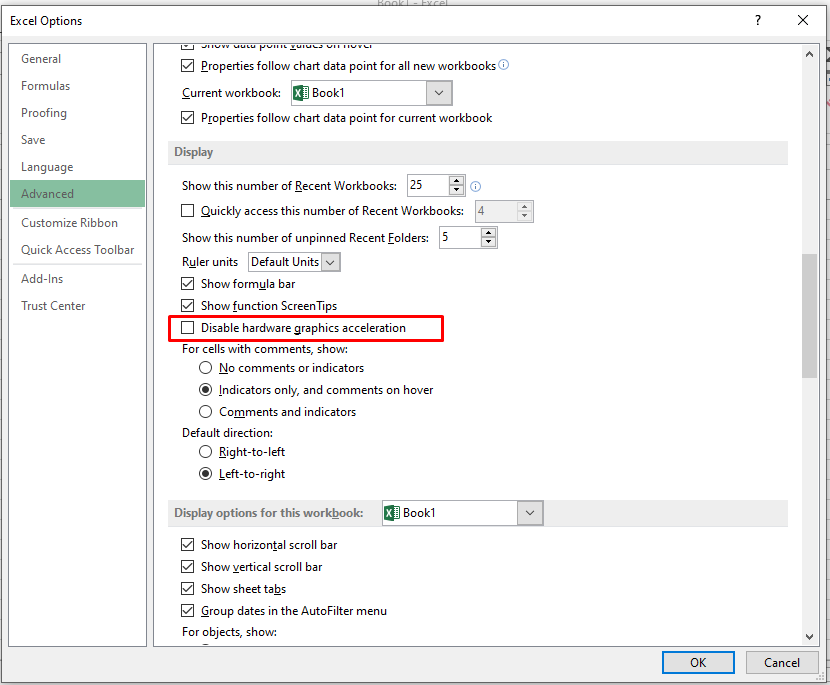 Disable Hardware Acceleration to fix excel file won't open 