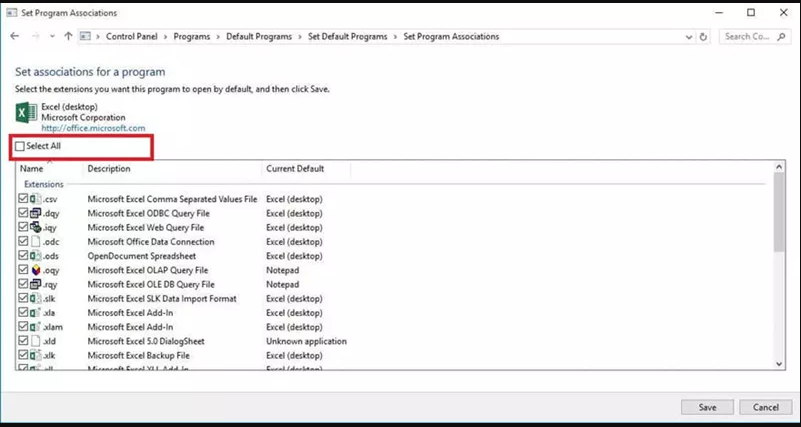 Make changes to Set Program Associations window to resolve excel file won't open 