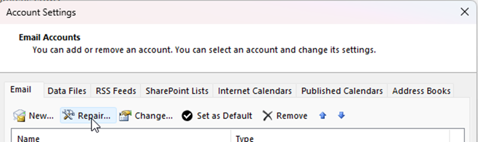Select your email profile and click Repair