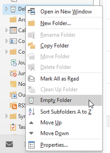 The solution is to empty the Deleted Items folder. Simply right-click on the Deleted Items folder and choose Empty Folder.