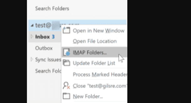 Right-click on the email folder, such as Inbox, and choose IMAP folders.