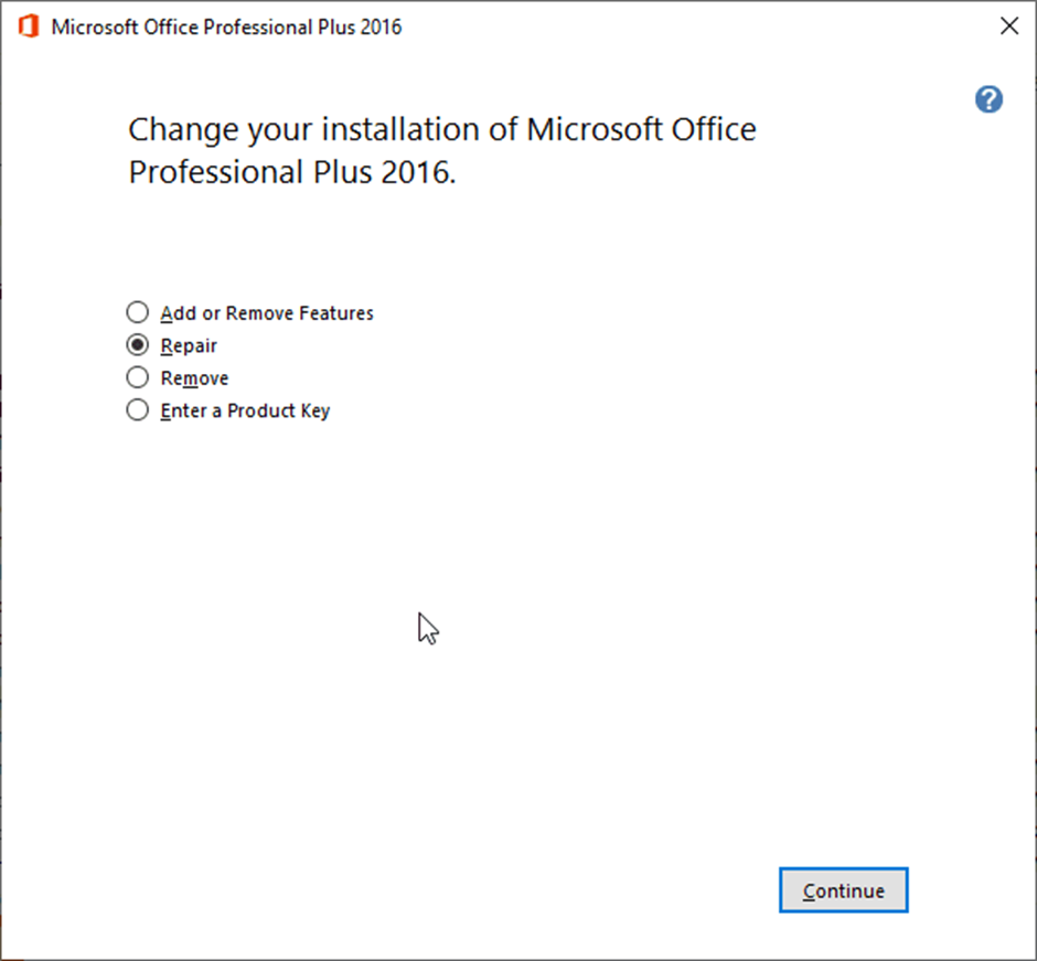 Select Repair from the option and click Continue.