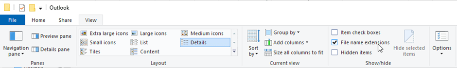 In the File Explorer window, go to View and enable the File name extensions option.