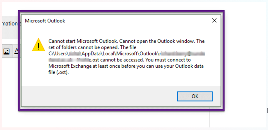 error message in Outlook cannot connect to the Exchange Server mailbox and displays 