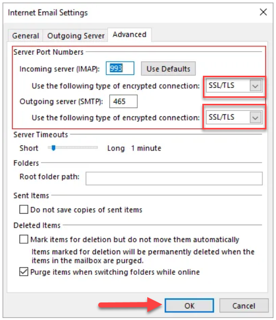 choose SSL from the dropdown menu from Internet Email Settings 