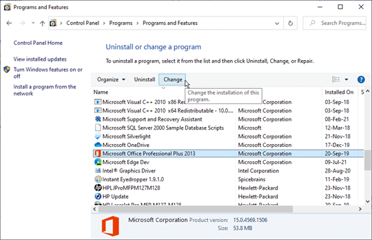 Select Microsoft Office program and then click Change