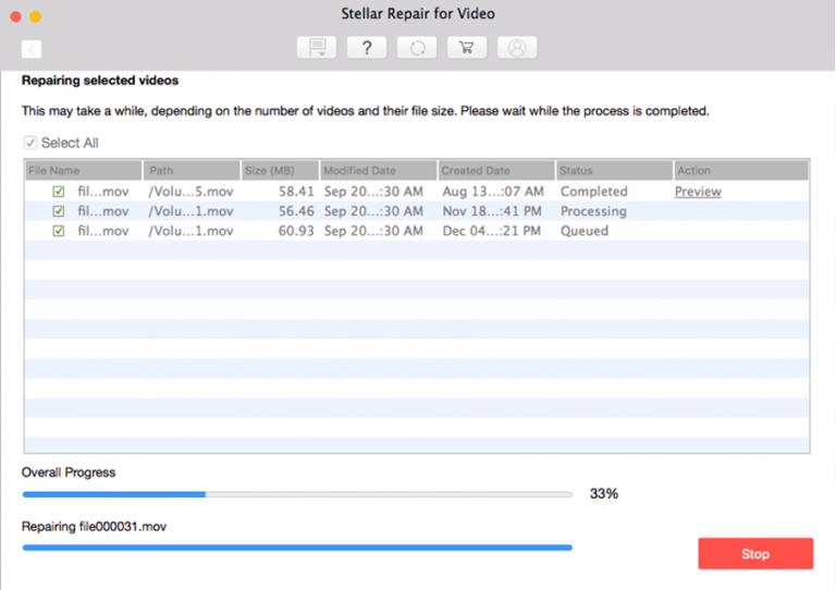 Stellar Repair for Video for Mac - The progress bar indicates how far the repair process has reached