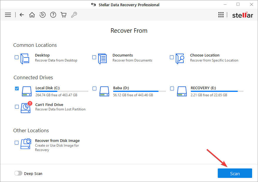  after hard drive selection click the scan button