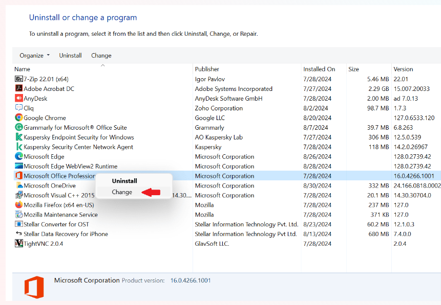 From the list of programs, find your Microsoft Office version and right click it. Then, click Change.