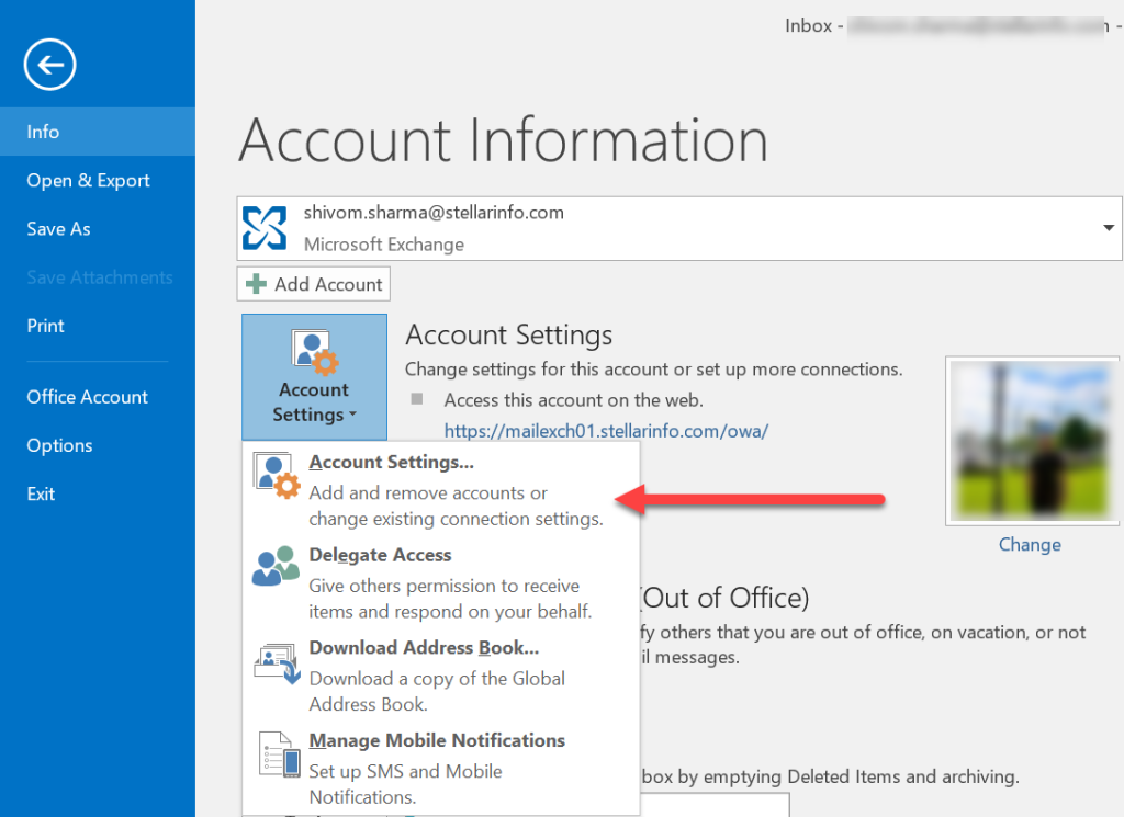 In Outlook, navigate to File Account Settings Account Settings.