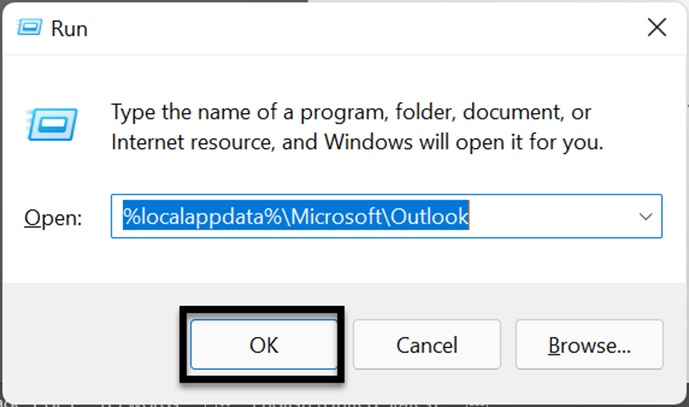 Type %localappdata%\Microsoft\Outlook on Run window 