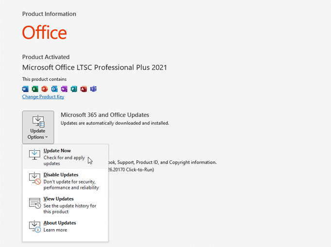 select Update Options in MS Office 