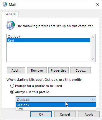 Select ‘Always use this profile’ and then choose the newly set up Outlook profile from the dropdown.