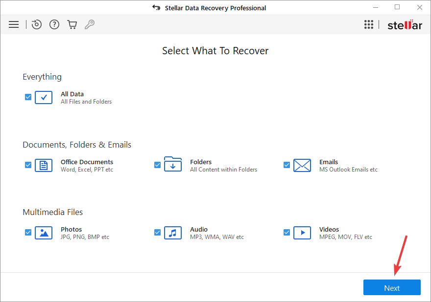 Select next and start recovering your data due to 0x1000007e error data loss