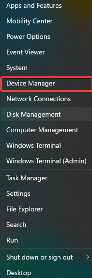 device manager option in quick menu