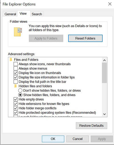Click show hidden files and folder option
