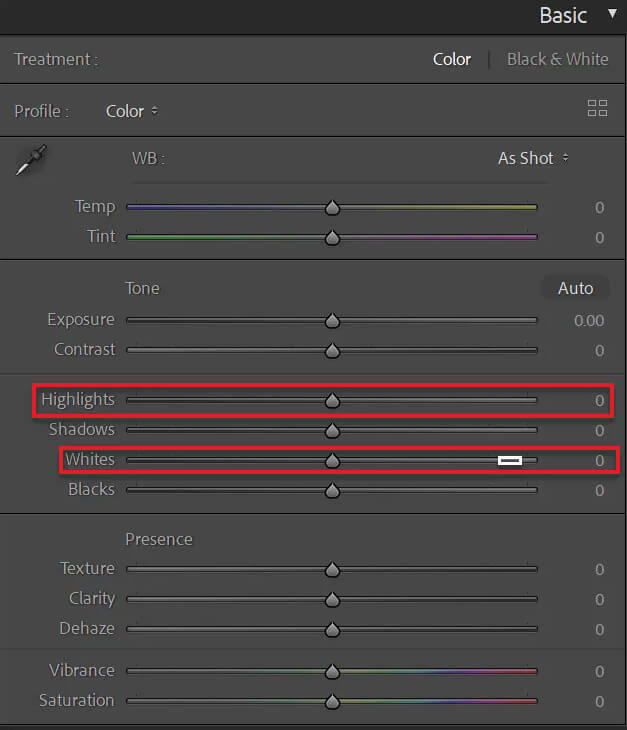 highlights and whites slider in lightroom to fix overexposed photos