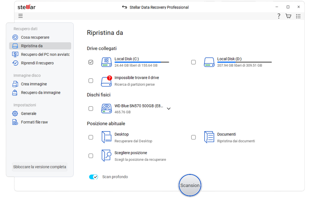 Selezionare l'unità formattata e fare clic su Scansione