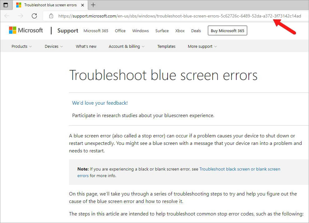 Navigate to troubleshoot blue screen errors page