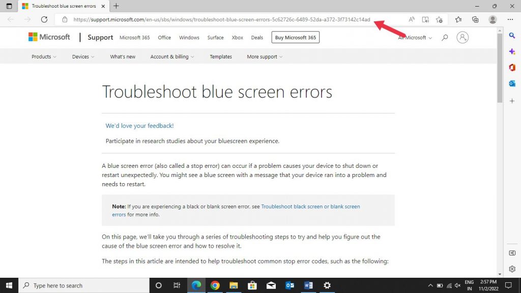 Vaya a la página de solución de errores de pantalla azul 