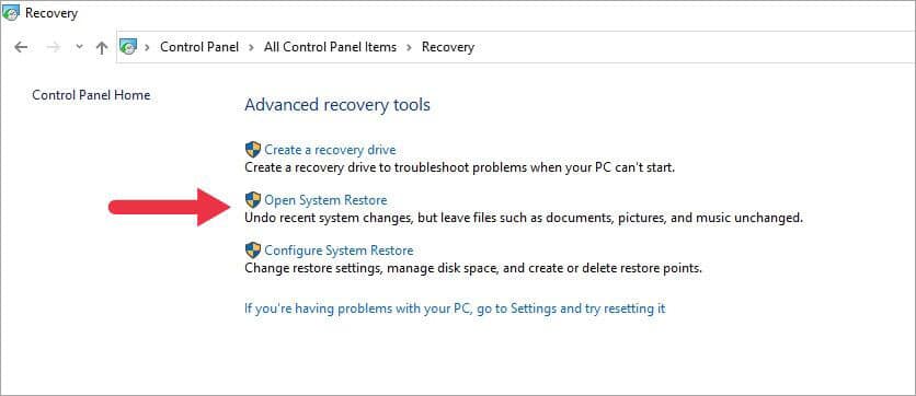 Click on open system Restore 