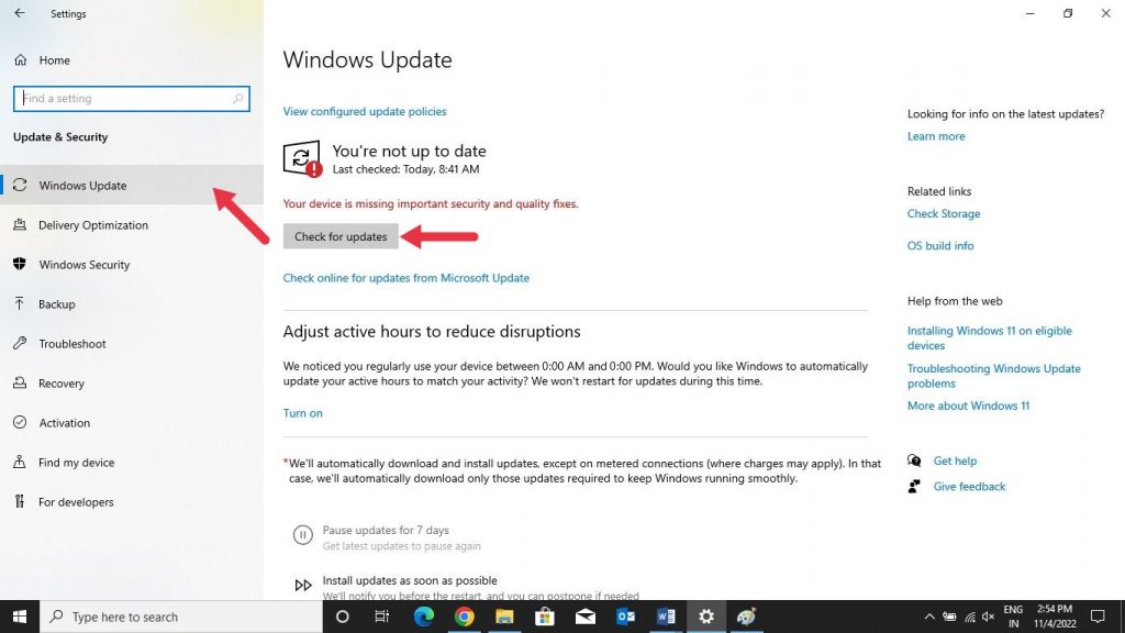Klicken Sie auf Windows Update und suchen Sie nach Updates
