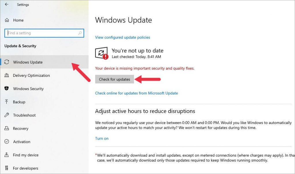 click on windows update and check for updates