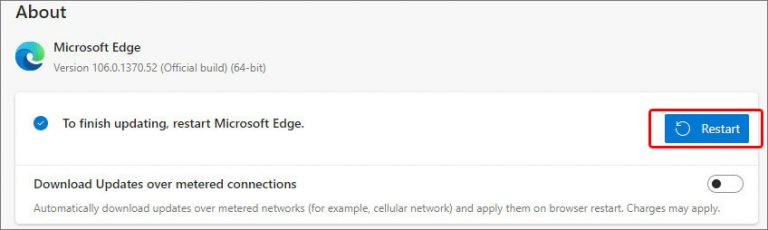 Klicken Sie auf Neustart, um die Aktualisierung des Edge-Browsers abzuschließen.