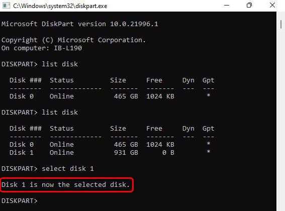 Disk Selected- DiskPart
