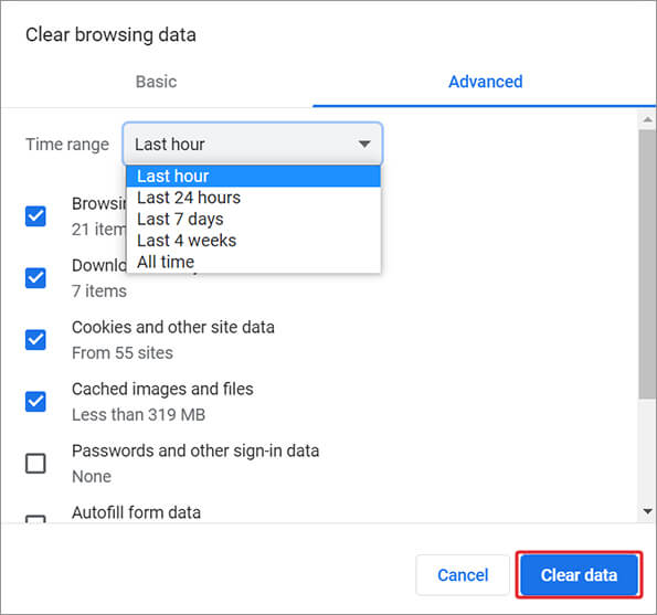 Delete Cache, Cookies, and Browser History in Google Chrome to fix video error code 224002