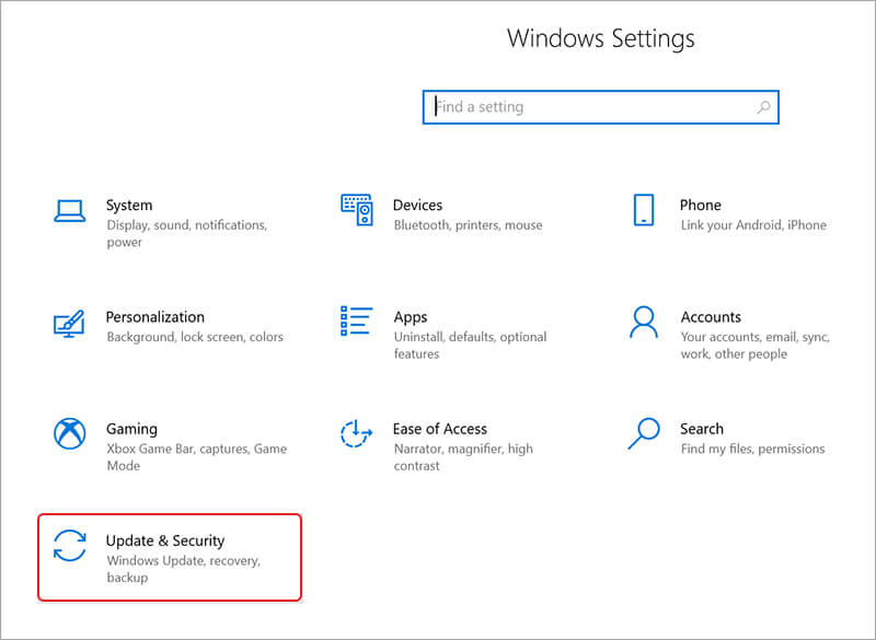 click Update and security in Windows Setting
