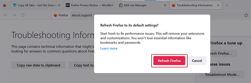 Reset Mozilla Firefox to Default Settings to fix error code 224002