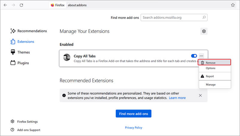 remove extension in Mozilla Firefox to fix video Error Code 224002