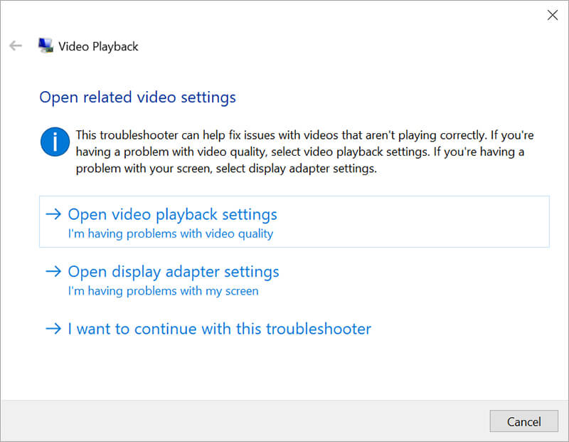 video playback troubleshooter to fix 0xc1010103 error