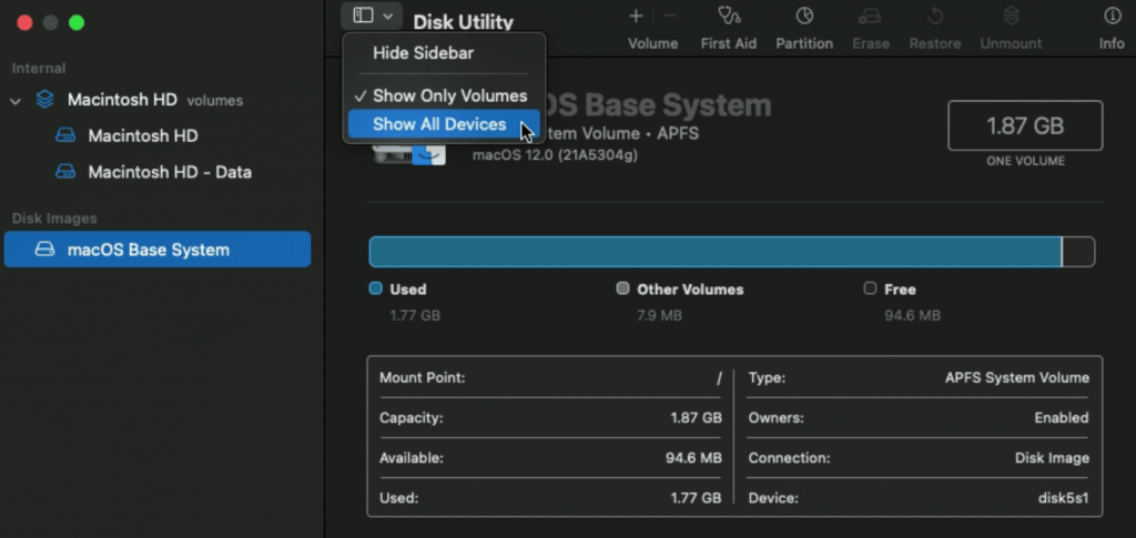 Disk Utility → View → Show All Devices