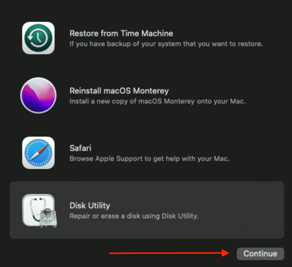 Power button → Option + Command + R keys → Internet Recovery mode → Disk Utility