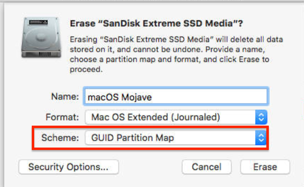 Disk Utility → View → Show All Devices → Erase → Configure the scheme as GUID Partition Map